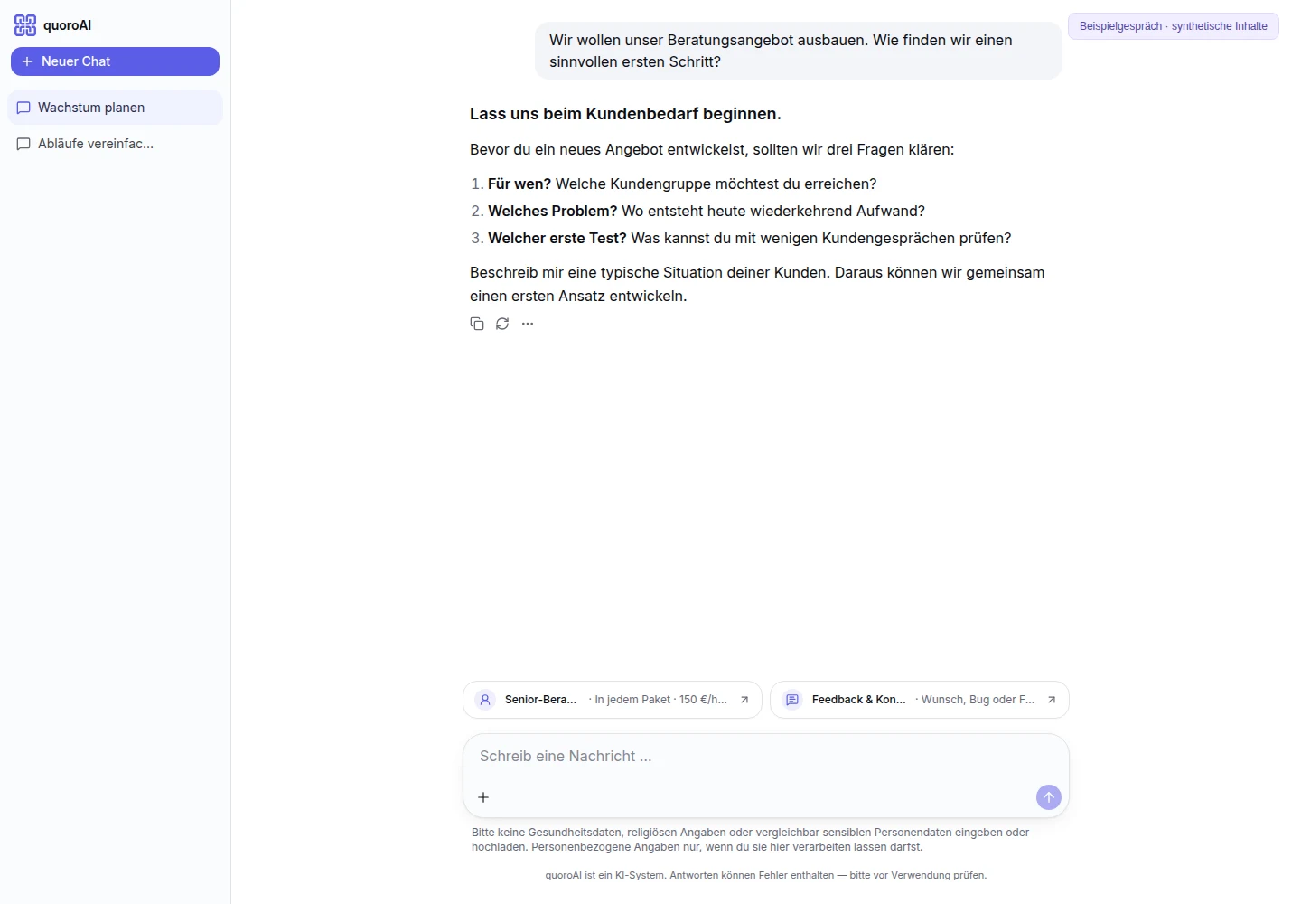 Originaloberfläche des KI-Beraters mit einem synthetischen Beispielgespräch zur Angebotsentwicklung