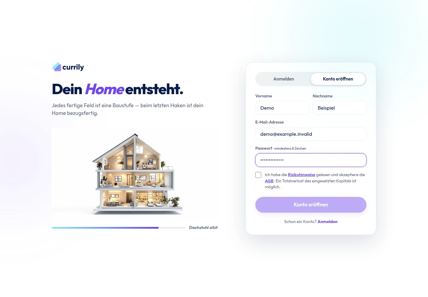 currily-Prototyp: Kontoeröffnung mit schrittweisem Hausaufbau und Demoeingaben